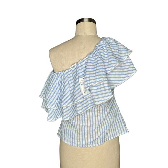 ENDLESS ROSE Blue White Striped One Shoulder Top Ruffle trim Women's Size Medium - Picture 4 of 9